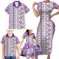 Hawaii Makahiki Turtle Family Matching Short Sleeve Bodycon Dress and Hawaiian Shirt Violet Tapa Pattern LT05 - Polynesian Pride