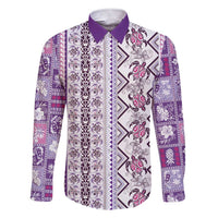 Hawaii Makahiki Turtle Family Matching Short Sleeve Bodycon Dress and Hawaiian Shirt Violet Tapa Pattern LT05 Dad's Shirt - Long Sleeve Violet - Polynesian Pride