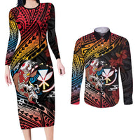 Hawaii And Japan Couples Matching Long Sleeve Bodycon Dress and Long Sleeve Button Shirt Koi Fish With Kanaka Maoli LT05 Black - Polynesian Pride