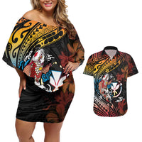 Hawaii And Japan Couples Matching Off Shoulder Short Dress and Hawaiian Shirt Koi Fish With Kanaka Maoli LT05 Black - Polynesian Pride