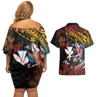 Hawaii And Japan Couples Matching Off Shoulder Short Dress and Hawaiian Shirt Koi Fish With Kanaka Maoli LT05 - Polynesian Pride
