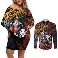 Hawaii And Japan Couples Matching Off Shoulder Short Dress and Long Sleeve Button Shirt Koi Fish With Kanaka Maoli LT05 Black - Polynesian Pride