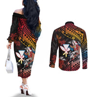 Hawaii And Japan Couples Matching Off The Shoulder Long Sleeve Dress and Long Sleeve Button Shirt Koi Fish With Kanaka Maoli LT05 - Polynesian Pride