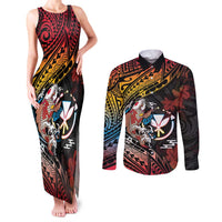 Hawaii And Japan Couples Matching Tank Maxi Dress and Long Sleeve Button Shirt Koi Fish With Kanaka Maoli LT05 Black - Polynesian Pride