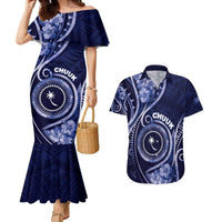 Personalised FSM Chuuk Couples Matching Mermaid Dress and Hawaiian Shirt Ocean Floral Pattern LT05 Navy - Polynesian Pride