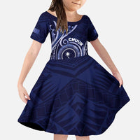 Personalised FSM Chuuk Family Matching Off Shoulder Maxi Dress and Hawaiian Shirt Ocean Floral Pattern LT05 Daughter's Dress Navy - Polynesian Pride