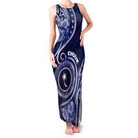 Personalised FSM Chuuk Family Matching Tank Maxi Dress and Hawaiian Shirt Ocean Floral Pattern LT05 Mom's Dress Navy - Polynesian Pride