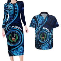 Personalised FSM Pohnpei Couples Matching Long Sleeve Bodycon Dress and Hawaiian Shirt Ocean Floral Pattern LT05 Blue - Polynesian Pride