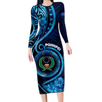 Personalised FSM Pohnpei Family Matching Long Sleeve Bodycon Dress and Hawaiian Shirt Ocean Floral Pattern LT05 Mom's Dress Blue - Polynesian Pride