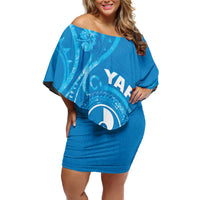 Personalised FSM Yap Family Matching Off Shoulder Short Dress and Hawaiian Shirt Ocean Floral Pattern LT05 Mom's Dress Blue - Polynesian Pride