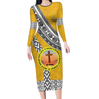 Personalised Anastasis College Family Matching Long Sleeve Bodycon Dress and Hawaiian Shirt Tonga Unique Style LT05 Mom's Dress Yellow - Polynesian Pride