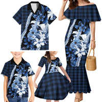 Hawaii Ukulele Family Matching Mermaid Dress and Hawaiian Shirt Tropical Flowers With Palaka Effect Blue Version LT05 - Polynesian Pride
