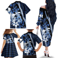 Hawaii Ukulele Family Matching Off The Shoulder Long Sleeve Dress and Hawaiian Shirt Tropical Flowers With Palaka Effect Blue Version LT05 - Polynesian Pride