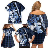 Hawaii Ukulele Family Matching Off Shoulder Short Dress and Hawaiian Shirt Tropical Flowers With Palaka Effect Blue Version LT05 - Polynesian Pride