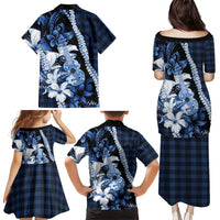 Hawaii Ukulele Family Matching Puletasi and Hawaiian Shirt Tropical Flowers With Palaka Effect Blue Version LT05 - Polynesian Pride
