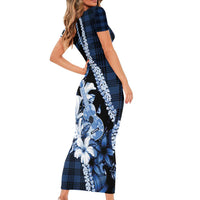 Hawaii Ukulele Family Matching Short Sleeve Bodycon Dress and Hawaiian Shirt Tropical Flowers With Palaka Effect Blue Version LT05 - Polynesian Pride