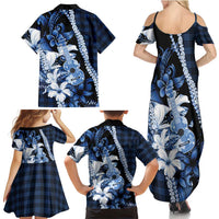Hawaii Ukulele Family Matching Summer Maxi Dress and Hawaiian Shirt Tropical Flowers With Palaka Effect Blue Version LT05 - Polynesian Pride