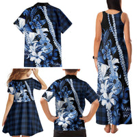 Hawaii Ukulele Family Matching Tank Maxi Dress and Hawaiian Shirt Tropical Flowers With Palaka Effect Blue Version LT05 - Polynesian Pride