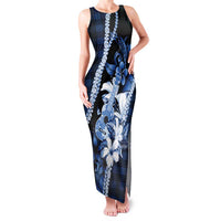 Hawaii Ukulele Family Matching Tank Maxi Dress and Hawaiian Shirt Tropical Flowers With Palaka Effect Blue Version LT05 Mom's Dress Blue - Polynesian Pride