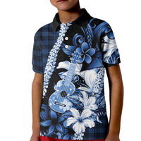 Hawaii Ukulele Kid Polo Shirt Tropical Flowers With Palaka Effect Blue Version - Polynesian Pride