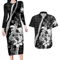 Hawaii Ukulele Couples Matching Long Sleeve Bodycon Dress and Hawaiian Shirt Tropical Flowers With Palaka Effect Black Version LT05 Black - Polynesian Pride