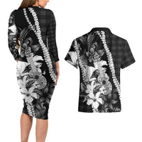 Hawaii Ukulele Couples Matching Long Sleeve Bodycon Dress and Hawaiian Shirt Tropical Flowers With Palaka Effect Black Version LT05 - Polynesian Pride