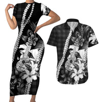Hawaii Ukulele Couples Matching Short Sleeve Bodycon Dress and Hawaiian Shirt Tropical Flowers With Palaka Effect Black Version LT05 Black - Polynesian Pride