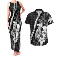Hawaii Ukulele Couples Matching Tank Maxi Dress and Hawaiian Shirt Tropical Flowers With Palaka Effect Black Version - Polynesian Pride