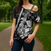 Hawaii Ukulele Cross Shoulder Shirt Tropical Flowers With Palaka Effect Black Version - Polynesian Pride