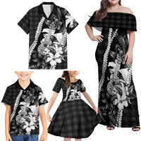 Hawaii Ukulele Family Matching Off Shoulder Maxi Dress and Hawaiian Shirt Tropical Flowers With Palaka Effect Black Version LT05 - Polynesian Pride