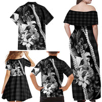 Hawaii Ukulele Family Matching Off Shoulder Maxi Dress and Hawaiian Shirt Tropical Flowers With Palaka Effect Black Version LT05 - Polynesian Pride