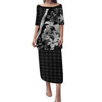 Hawaii Ukulele Family Matching Puletasi and Hawaiian Shirt Tropical Flowers With Palaka Effect Black Version LT05 Mom's Dress Black - Polynesian Pride