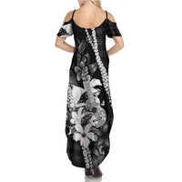Hawaii Ukulele Family Matching Summer Maxi Dress and Hawaiian Shirt Tropical Flowers With Palaka Effect Black Version LT05 - Polynesian Pride