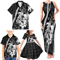 Hawaii Ukulele Family Matching Tank Maxi Dress and Hawaiian Shirt Tropical Flowers With Palaka Effect Black Version LT05 - Polynesian Pride