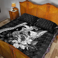 Hawaii Ukulele Quilt Bed Set Tropical Flowers With Palaka Effect Black Version - Polynesian Pride