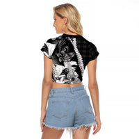 Hawaii Ukulele Raglan Cropped T Shirt Tropical Flowers With Palaka Effect Black Version - Polynesian Pride