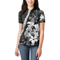 Hawaii Ukulele Women Polo Shirt Tropical Flowers With Palaka Effect Black Version - Polynesian Pride