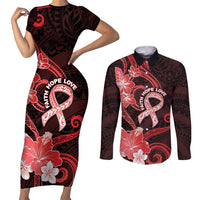 Heart Health Awareness Couples Matching Short Sleeve Bodycon Dress and Long Sleeve Button Shirt Warrior Wears Red Polynesian Style LT05 Red - Polynesian Pride