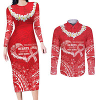 Heart Health Awareness Couples Matching Long Sleeve Bodycon Dress and Long Sleeve Button Shirt Polynesian Red Ribbon