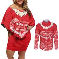 Heart Health Awareness Couples Matching Off Shoulder Short Dress and Long Sleeve Button Shirt Polynesian Red Ribbon LT05 Red - Polynesian Pride