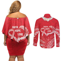 Heart Health Awareness Couples Matching Off Shoulder Short Dress and Long Sleeve Button Shirt Polynesian Red Ribbon LT05 - Polynesian Pride
