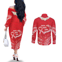Heart Health Awareness Couples Matching Off The Shoulder Long Sleeve Dress and Long Sleeve Button Shirt Polynesian Red Ribbon LT05 - Polynesian Pride