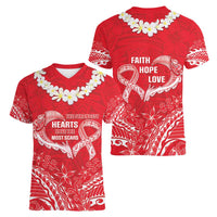 Heart Health Awareness Women V-Neck T-Shirt Polynesian Red Ribbon