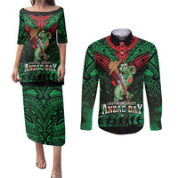 New Zealand ANZAC Day Couples Matching Puletasi and Long Sleeve Button Shirt Aotearoa Hei Tiki LT05 Green - Polynesian Pride