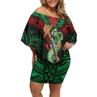 New Zealand ANZAC Day Family Matching Off Shoulder Short Dress and Hawaiian Shirt Aotearoa Hei Tiki LT05 Mom's Dress Green - Polynesian Pride
