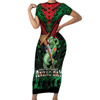 New Zealand ANZAC Day Short Sleeve Bodycon Dress Aotearoa Hei Tiki LT05 Long Dress Green - Polynesian Pride