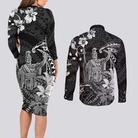 Hawaii King Kamehameha Day Couples Matching Long Sleeve Bodycon Dress and Long Sleeve Button Shirt Polynesian Pattern Mix Hibiscus Black LT05 - Polynesian Pride