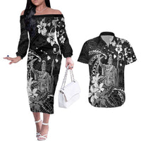 Hawaii King Kamehameha Day Couples Matching Off The Shoulder Long Sleeve Dress and Hawaiian Shirt Polynesian Pattern Mix Hibiscus Black LT05 Black - Polynesian Pride