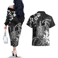 Hawaii King Kamehameha Day Couples Matching Off The Shoulder Long Sleeve Dress and Hawaiian Shirt Polynesian Pattern Mix Hibiscus Black LT05 - Polynesian Pride