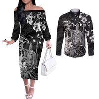Hawaii King Kamehameha Day Couples Matching Off The Shoulder Long Sleeve Dress and Long Sleeve Button Shirt Polynesian Pattern Mix Hibiscus Black LT05 Black - Polynesian Pride